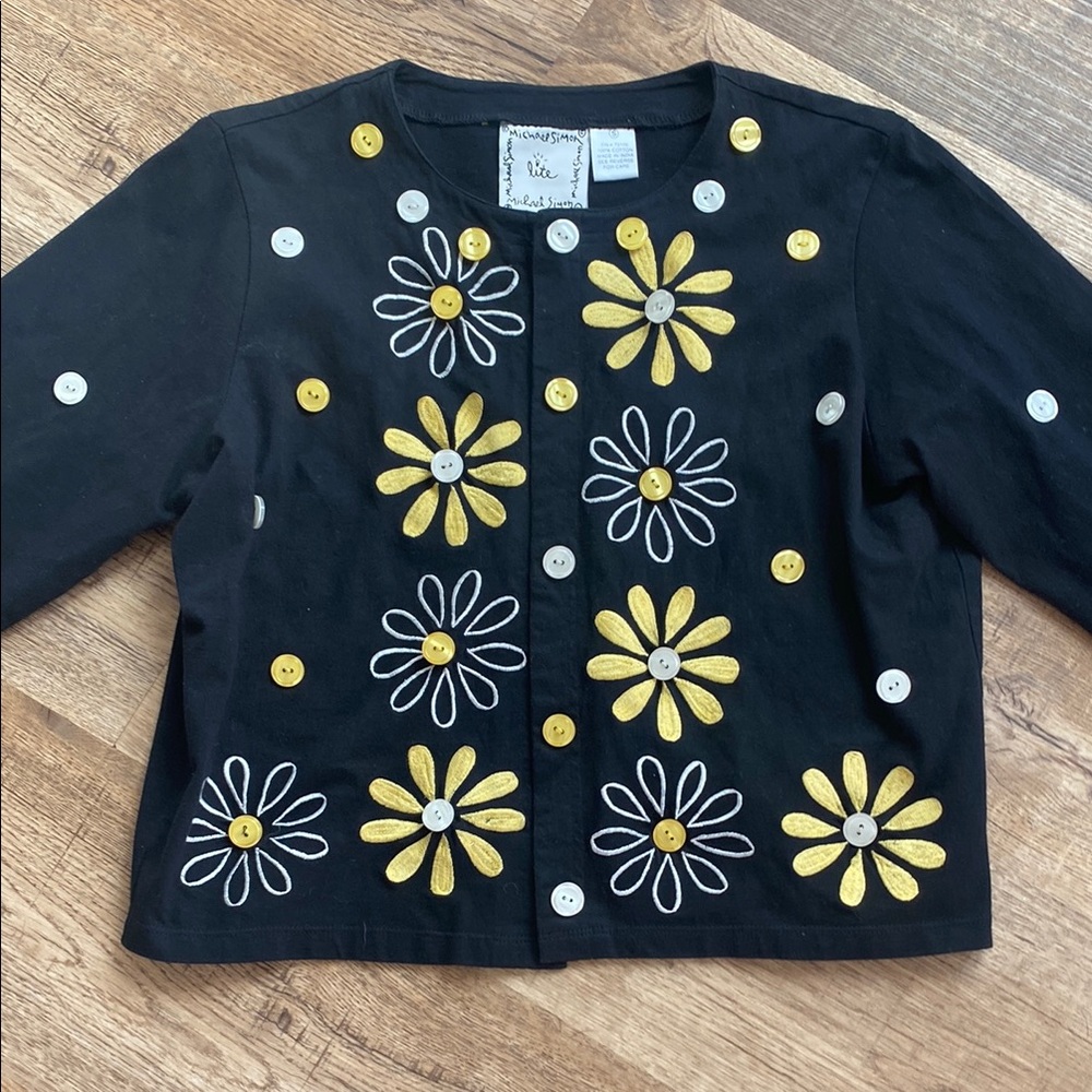 Michael Simon Lite Cardigan Black Daisies Womens Small